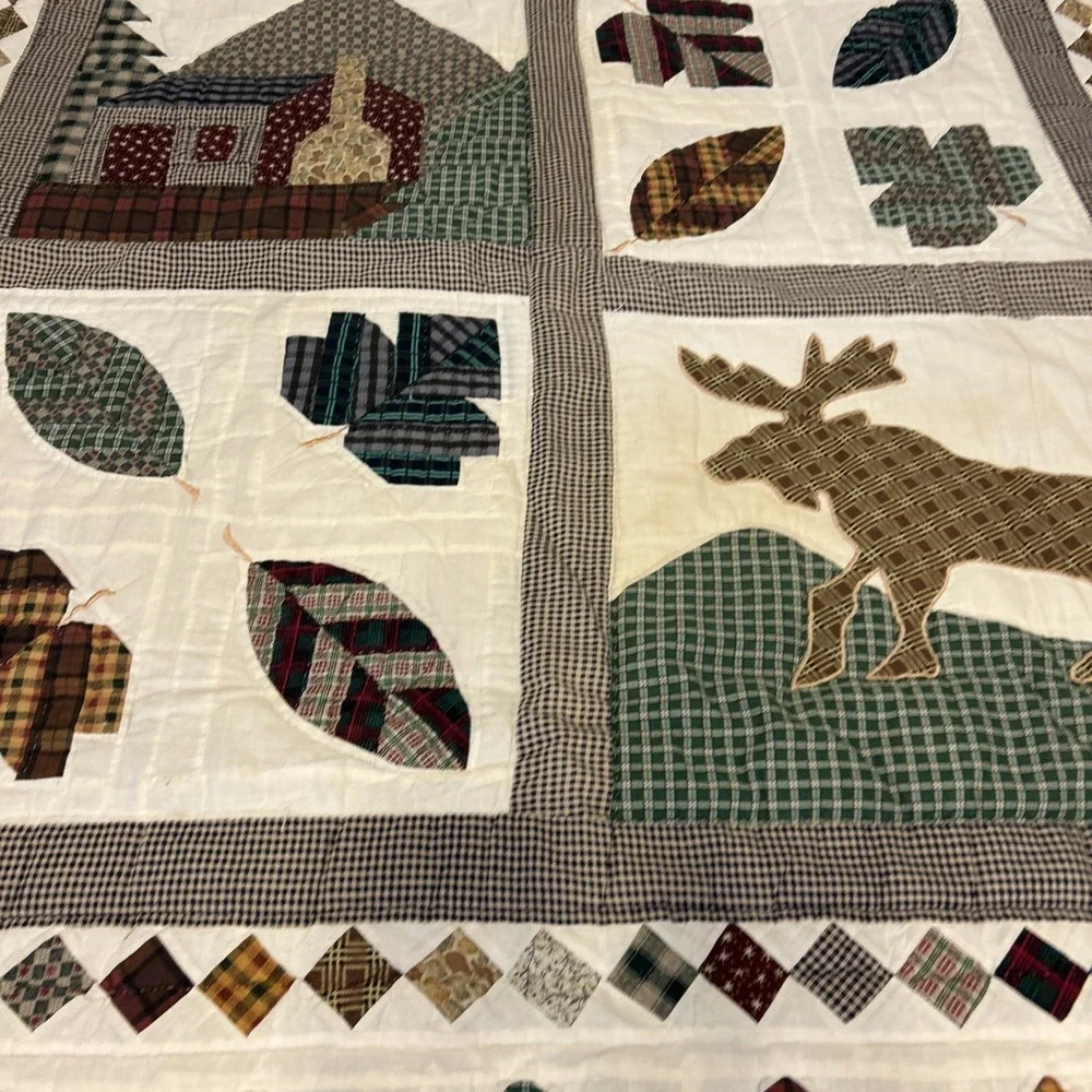 Patch Magic North Woods Cabin Moose Applique Patchwork Quilt Throw 47x55